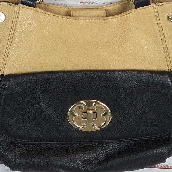 Emma Fox Black Tan Leather Top Dual Handle Satchel Purse Timeless Designer Bag - Picture 4 of 13